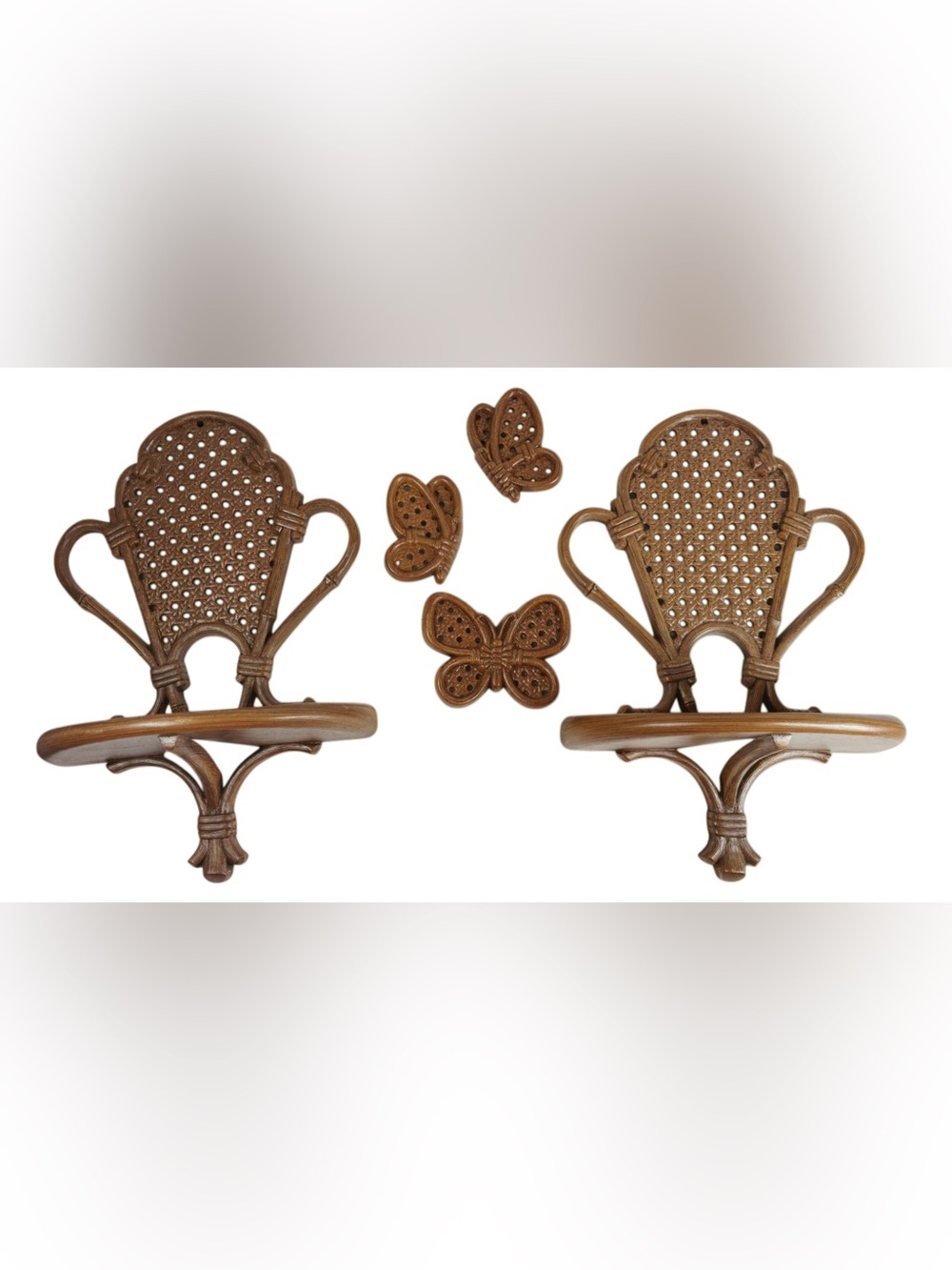 Vintage Retro Faux Wicker & Cane Wall Shelves with Butterfly Plaques